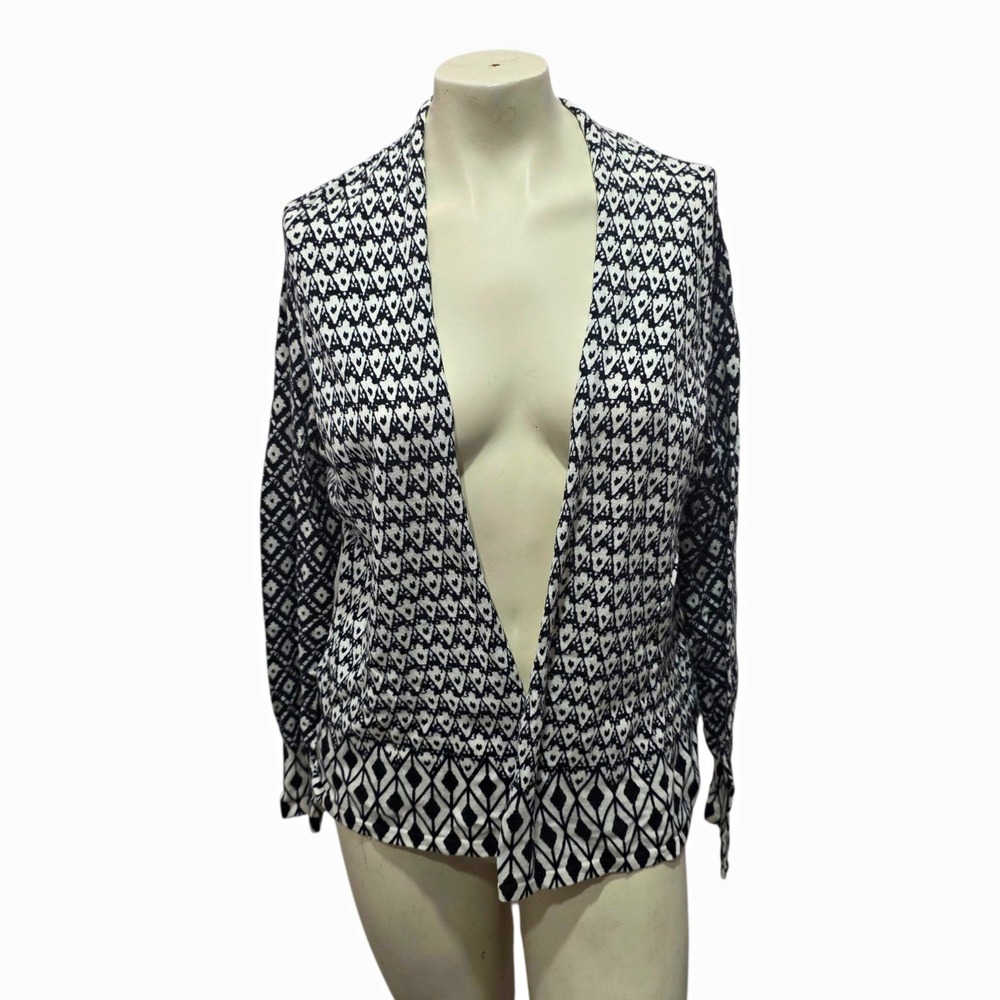 Chicos Size 2 Black White Geometric Open Front Cotton Cashmere Cardigan